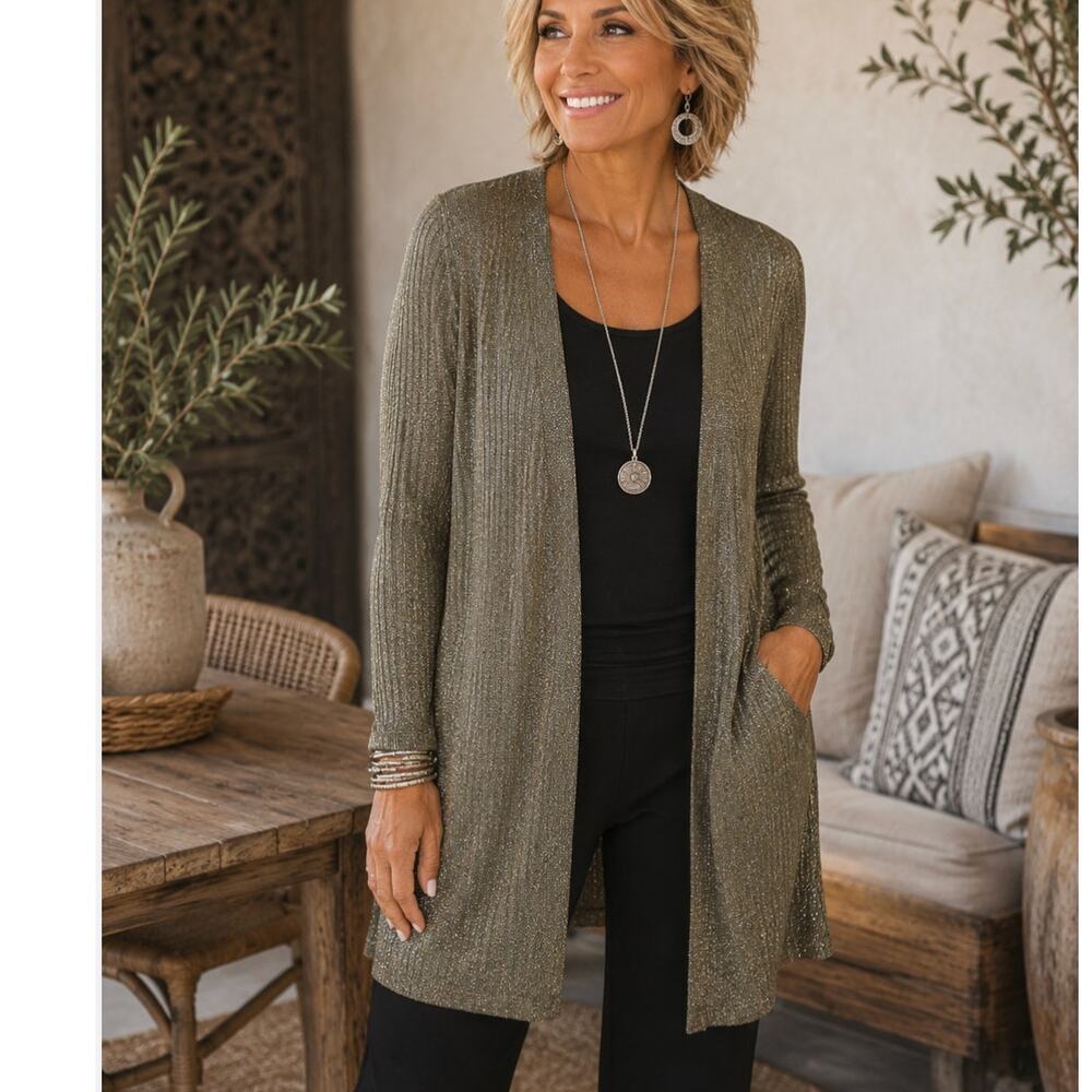 Chico's Nadiya Lurex Shine Cardigan Ambered Olive Metallic Duster NWT Size S